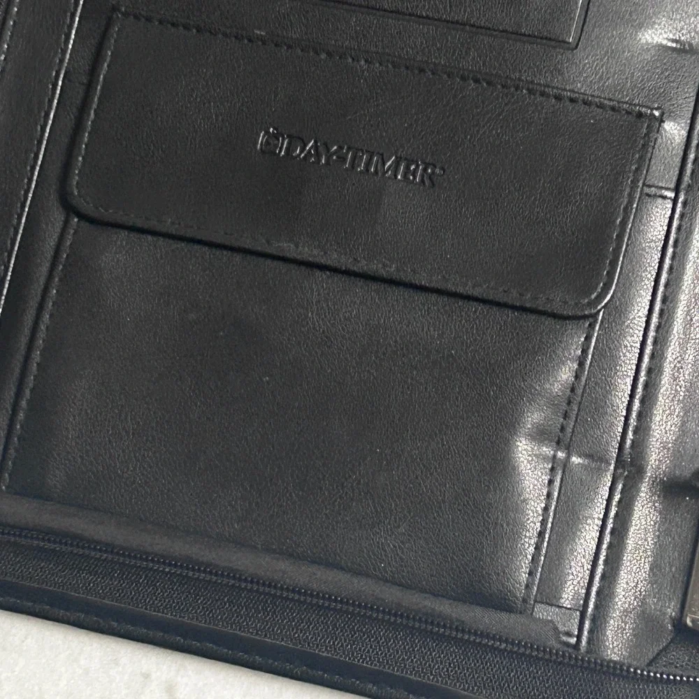 VTG 90s Day-Timer Leather 3 Ring Planner Folio Briefcase Hideaway‎ Handles Black